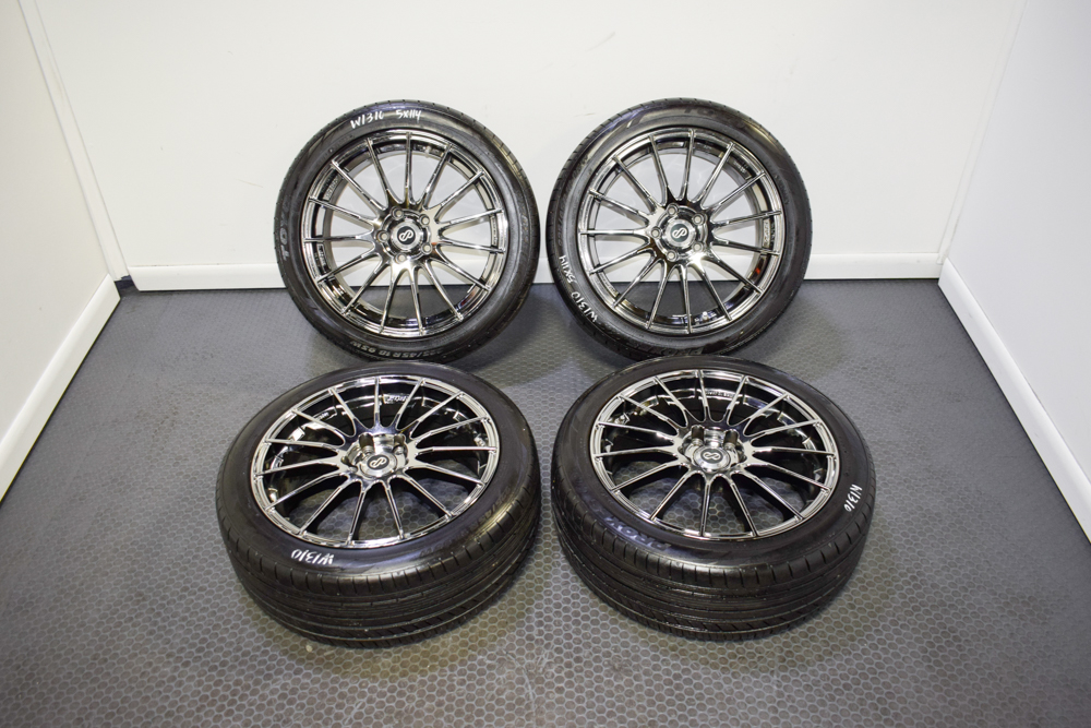 Used Set of Four 5x114 ENKEI RS05 Subaru Fitment 18 inch by 7.5 Wheels with  Offset of +50 and Brembo Brake Caliper Clearance.